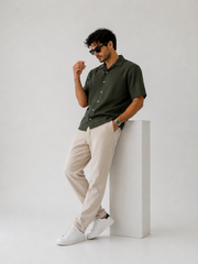 Men’s Oversized Cotton-Lycra Cuban Shirt – Olive Green