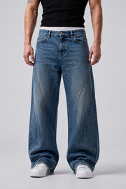 Unisex Curved Paneled Wide-Leg Denims – Mid-Wash Blue