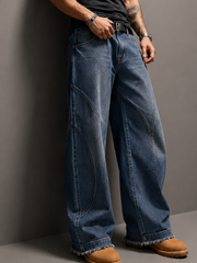 Unisex Curved Paneled Wide-Leg Denims – Mid-Wash Blue