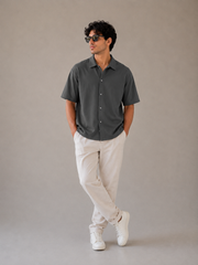 Men’s Oversized Cotton-Lycra Cuban Shirt – Dark Grey
