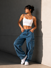 Multi-Pocket Wide Leg Cargo Denim Jeans.