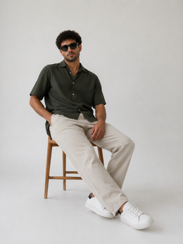 Men’s Oversized Cotton-Lycra Cuban Shirt – Olive Green