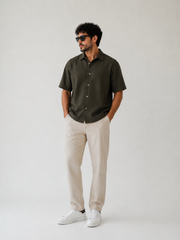 Men’s Oversized Cotton-Lycra Cuban Shirt – Olive Green