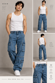 Multi-Pocket Wide Leg Cargo Denim Jeans.