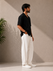 Men’s Oversized Cotton-Lycra Cuban Shirt – Jet Black