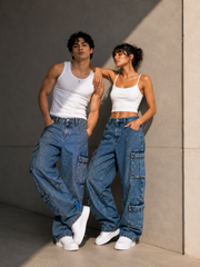 Multi-Pocket Wide Leg Cargo Denim Jeans.