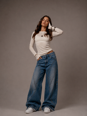 Unisex Curved Paneled Wide-Leg Denims – Mid-Wash Blue