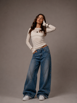 Unisex Curved Paneled Wide-Leg Denims – Mid-Wash Blue