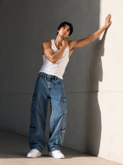 Multi-Pocket Wide Leg Cargo Denim Jeans.