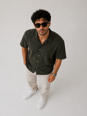 Men’s Oversized Cotton-Lycra Cuban Shirt – Olive Green