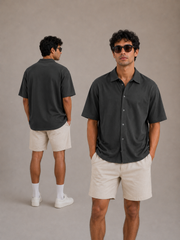 Men’s Oversized Cotton-Lycra Cuban Shirt – Dark Grey