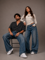 Unisex Curved Paneled Wide-Leg Denims – Mid-Wash Blue