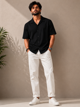 Men’s Oversized Cotton-Lycra Cuban Shirt – Jet Black
