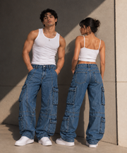 Multi-Pocket Wide Leg Cargo Denim Jeans.