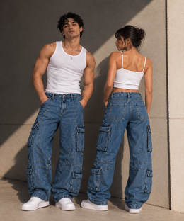 Multi-Pocket Wide Leg Cargo Denim Jeans.