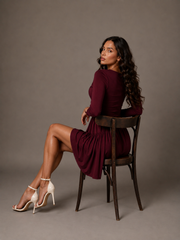 Maroon Long Sleeve Drop-Waist Mini Dress.