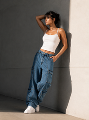Multi-Pocket Wide Leg Cargo Denim Jeans.