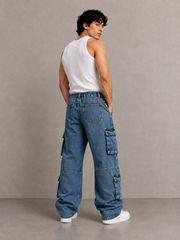 Multi-Pocket Wide Leg Cargo Denim Jeans.