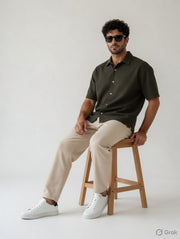 Men’s Oversized Cotton-Lycra Cuban Shirt – Olive Green